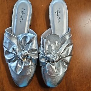 Paprika Brand Silver Mule Flats with Bow